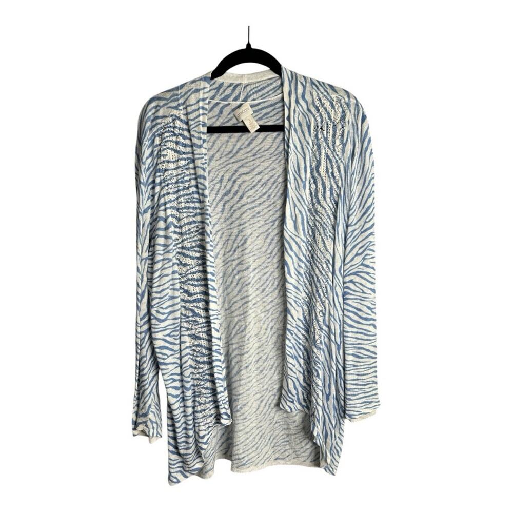 Chico’s Blue and White Print Long Sleeve Lightweight Open Cardigan Large